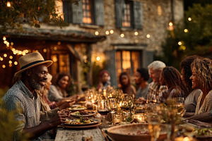 Happy family enjoying dinner outdoor, a Photo by Pixeness Studio