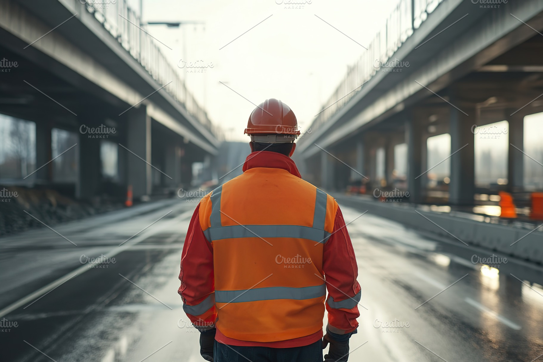 Construction worker wearing uniform and building highway road, an Industrial Photo by AlyaAnd
