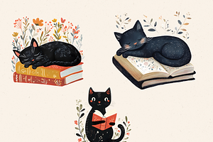 BLACK CAT BOOK LOVER CLIPART BUNDLE