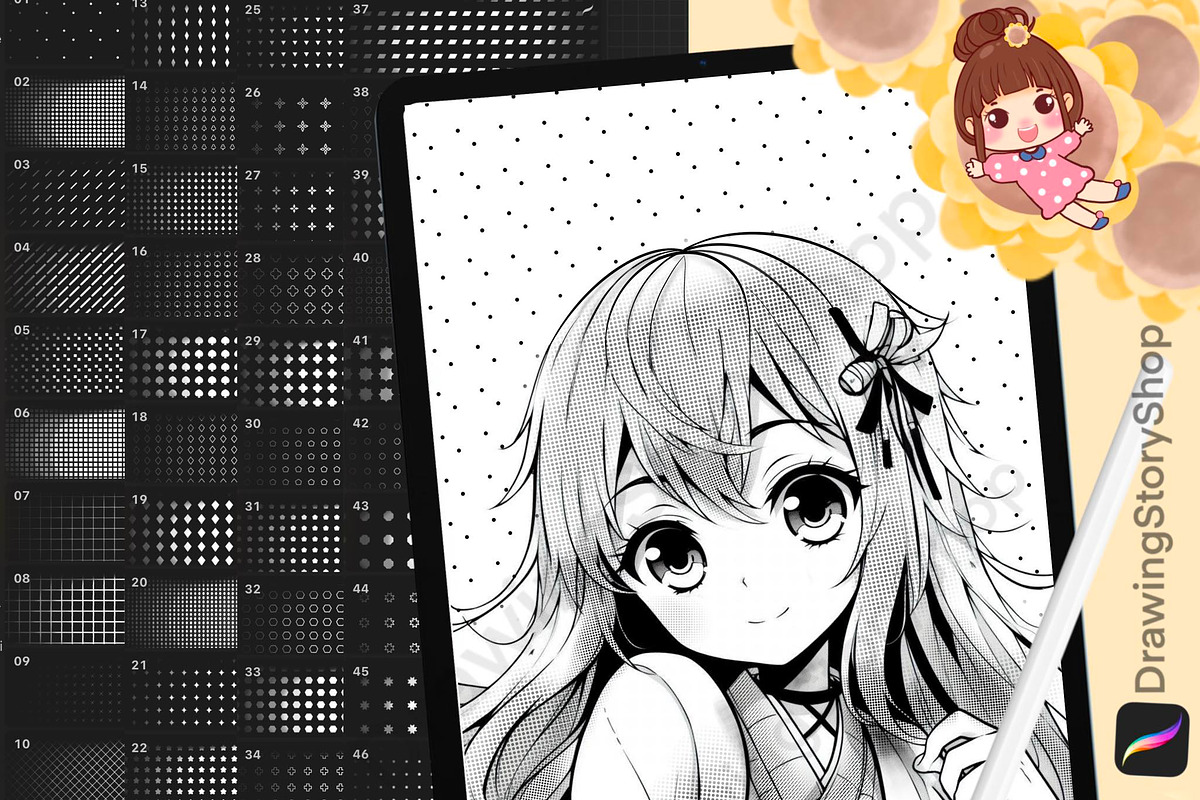100Procreate Manga Screentone Brush, a Brush Add-On by DrawingStoryShop (Photo 1 of 6)