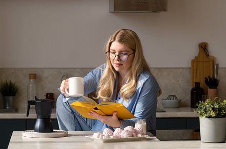 Woman reads book in morning kitchen, a School & Education Photo by Elena Vagengeim