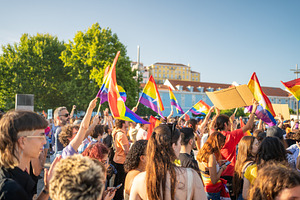 Crowd of homosexual people with rainbow flags at gay pride parade, a Person Photo by andreonegin market