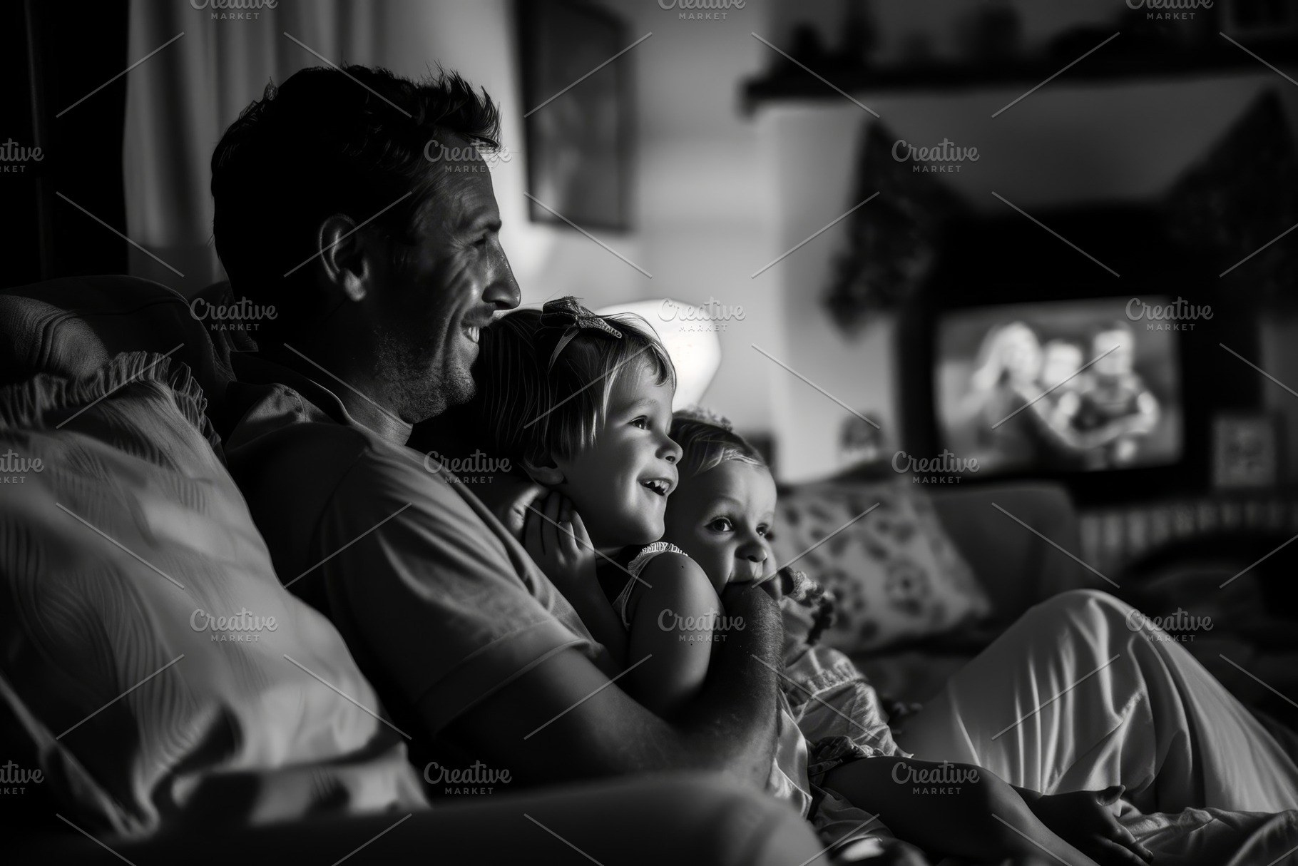 Man and Children Watching TV on Couc, a Photo by Iftikhar Alam