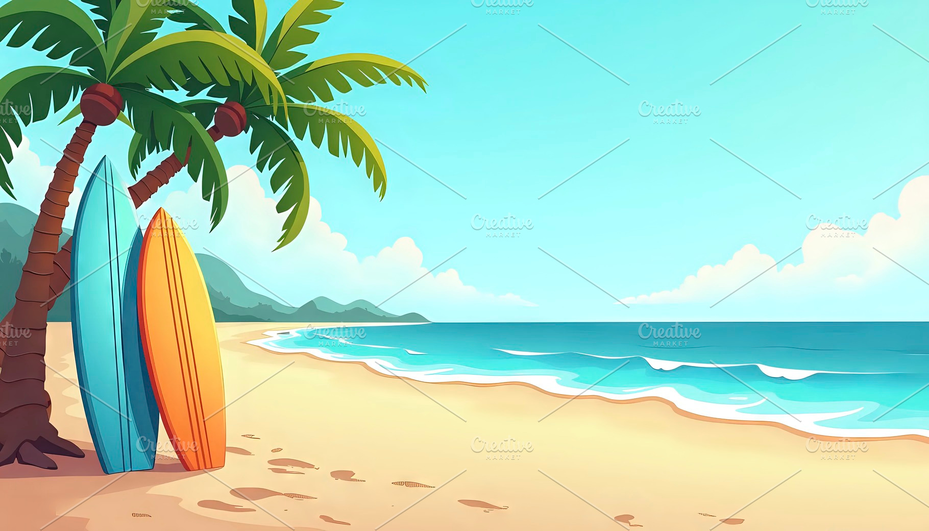 Island Beach With Surfboards Leaning, a Photo by LOGOCREATIVE