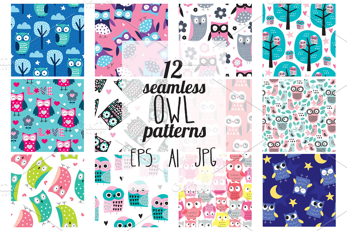12 owl seamless patterns, a Pattern Graphic by Larienn graphic design