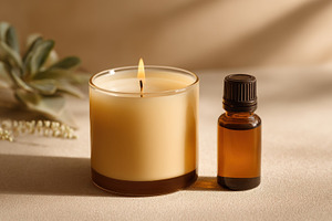 Scented candle and essential oil bottle on beige background with, a Beauty & Fashion Photo by José Manuel Gelpi