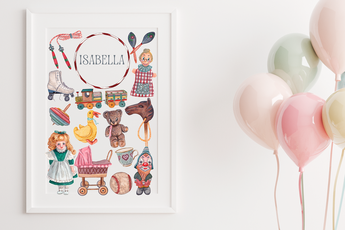 Vintage Toys Watercolor Clipart, an Illustration by MariaOrtegaDigitals (Photo 3 of 6)