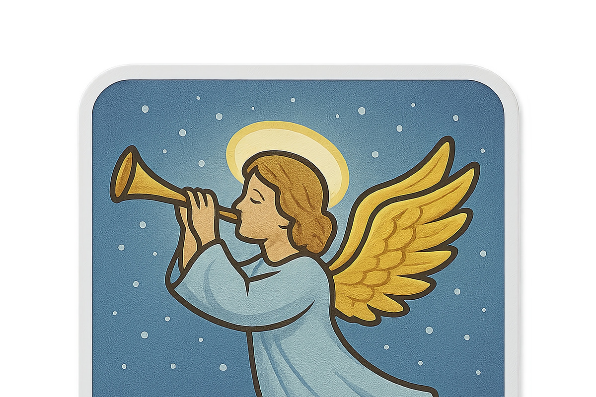 Angel playing trumpet on blue backgr, an Illustration by Dvoevnore photos