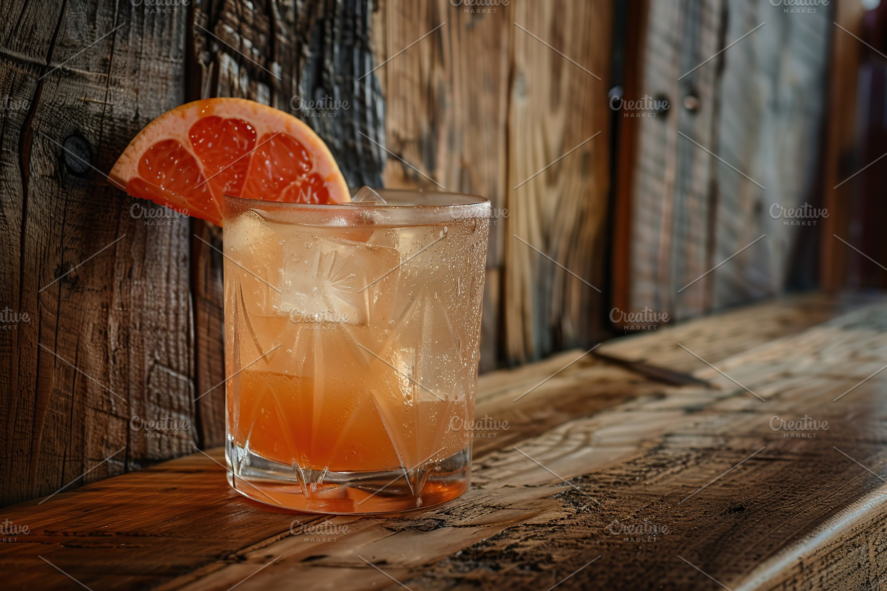 Red grapefruit cocktail in glass on wooden table, a Food & Drink Photo by AlyaAnd