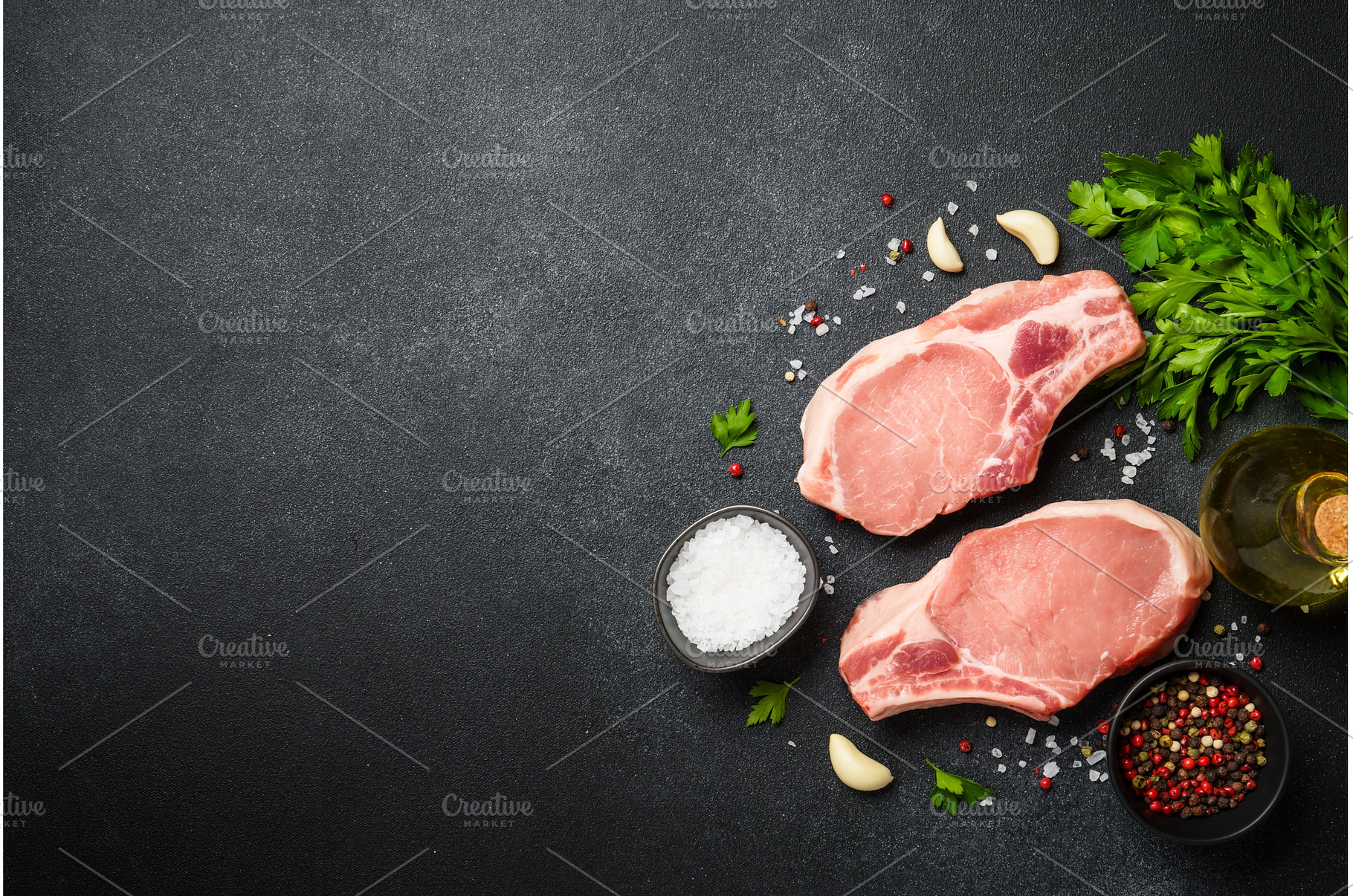 Pork meat. Fresh meat steaks with, a Food & Drink Photo by Nadia-nb