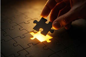 A hand placing a puzzle piece into a, an Illustration by Sergey Kotenev