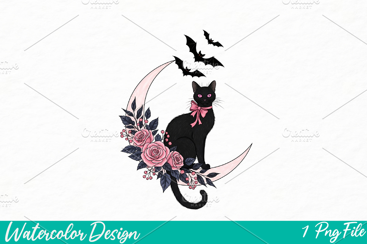 Pink Coquette Black Cat PNG Design, an Illustration by Watercolor design (Photo 1 of 3)