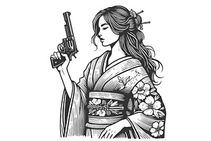 portrait of woman in kimono holding, a Person Illustration by AlexArt