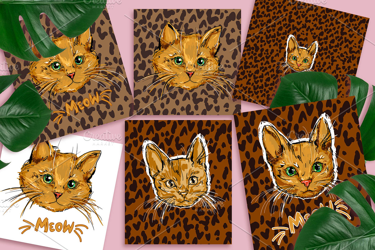 Cat on leopard print background, an Animal Illustration by Sweet_print (Photo 2 of 8)