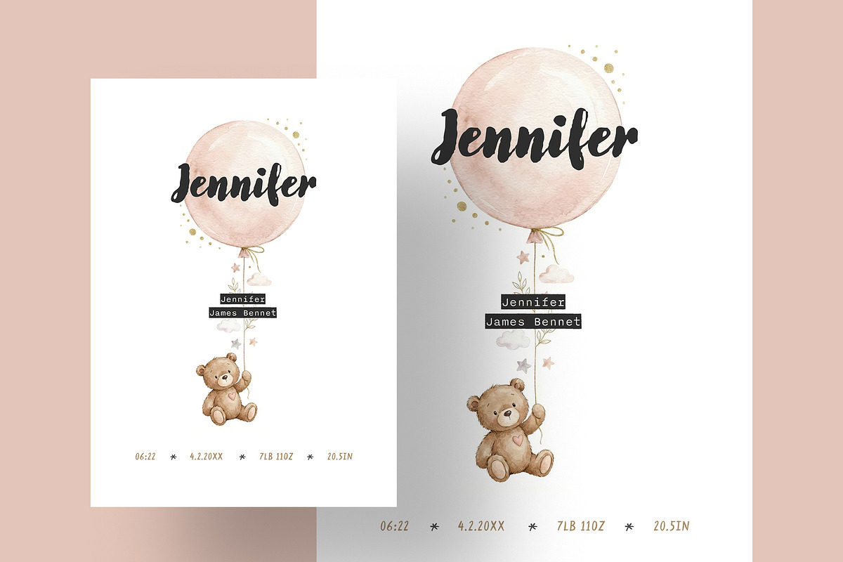 Balloon Bear Birth Announcement Card, a Card Template by Filip Studio (Photo 2 of 3)