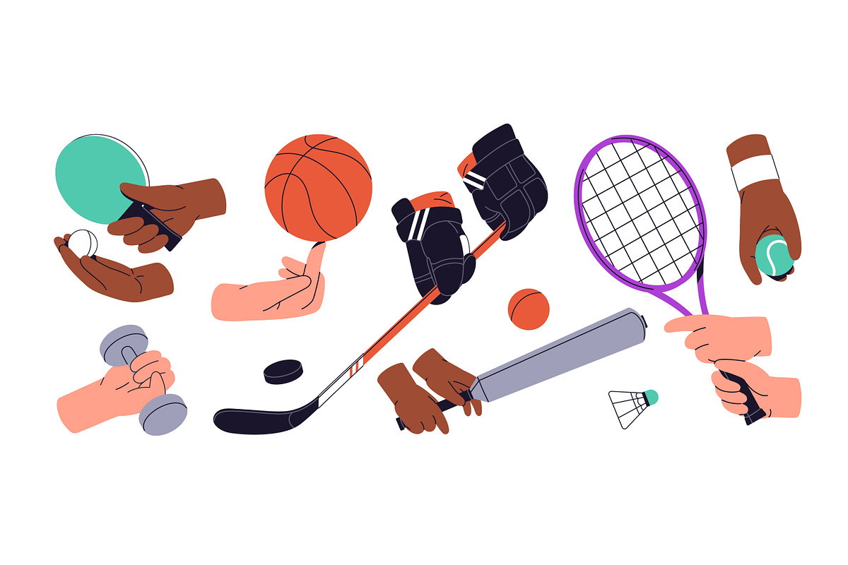 Hands holding sports equipment set, a Sport Illustration by PaperTrident (Photo 2 of 7)