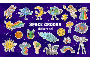 Cartoon groovy space stickers, a Technology Illustration by Vector Tradition