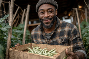 Farmer holding crate of fresh green beans between rows of plants in a rustic gr, a Photo by AS photostudio