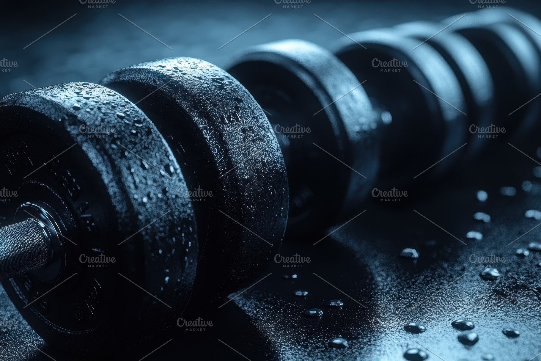 Heavy dumbbell rests on a wet surfac, a Photo by Tanuart