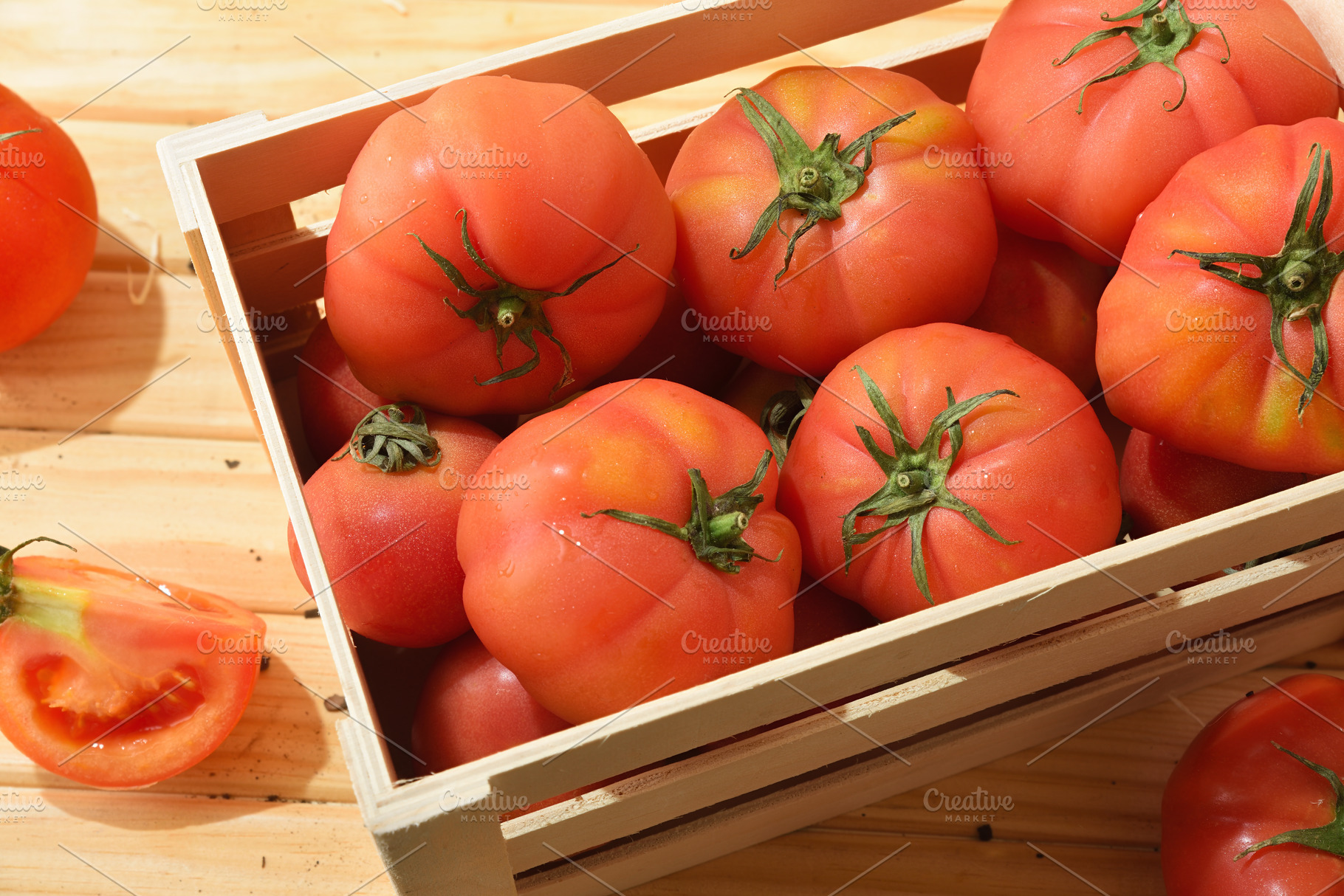 Ripe Tomatoes Inside Wooden Harvest Crate, a Food & Drink Photo by Davizro's Market