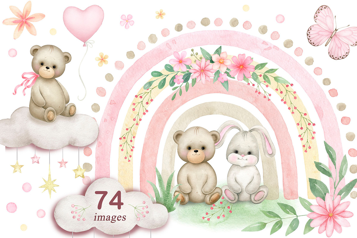 Teddy bear Baby girl Bunny Rainbow, an Animal Illustration by Solo Art Original (Photo 1 of 8)