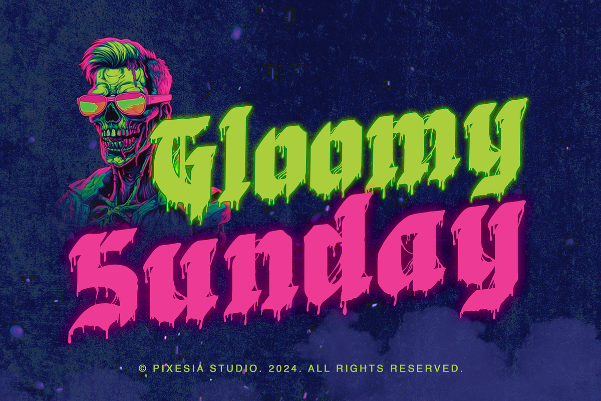 Gloomy Sunday - Dripping Blackletter, a Blackletter Font by Pixesia Studio (Photo 1 of 11)