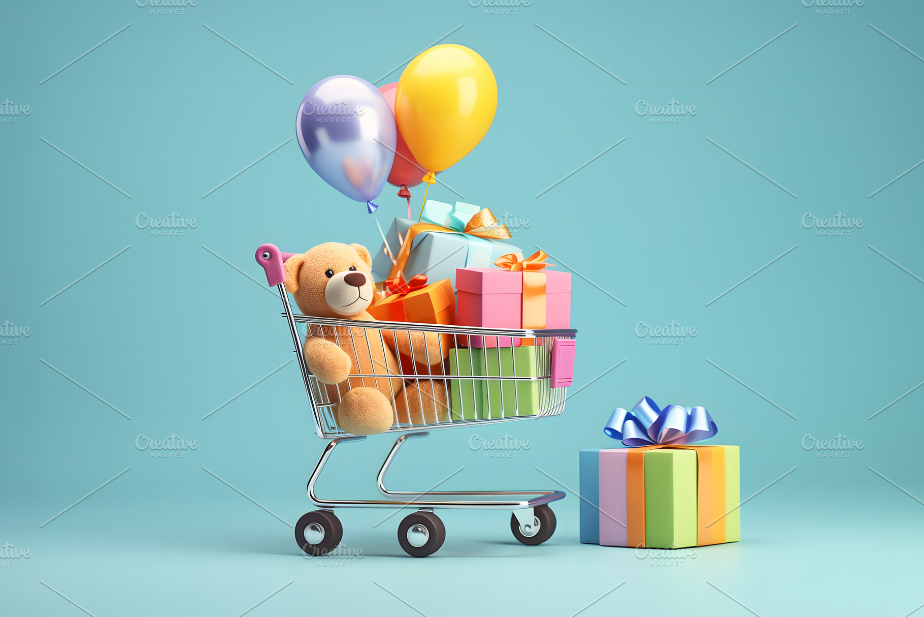 Shopping cart or basket on blue, turquoise background with colorful gift boxes, a Holiday Photo by Lenor4ik