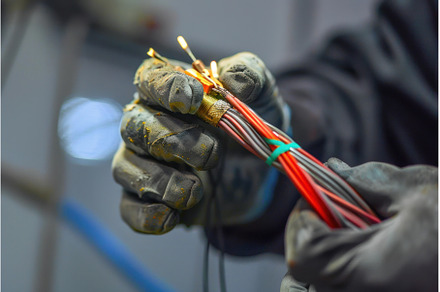 Electrician holding electric cable, an Industrial Photo by Ylivdesign