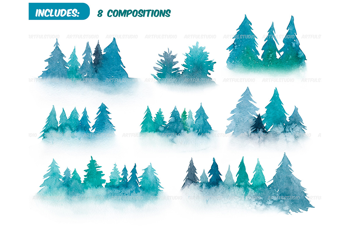 Watercolor winter forest clipart set, an Animal Illustration by ArtfulStudio (Photo 3 of 8)