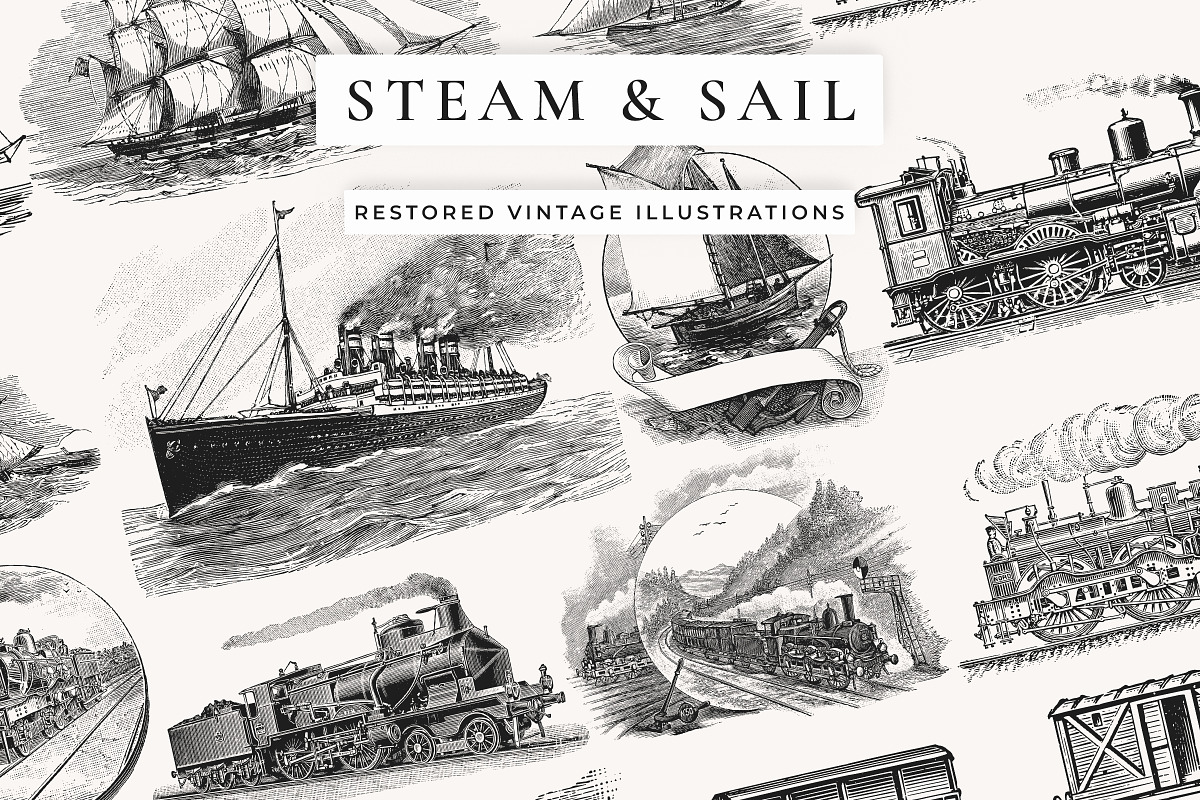 Vintage Steam and Sail Clipart, a Transportation Illustration by Century Library (Photo 1 of 8)