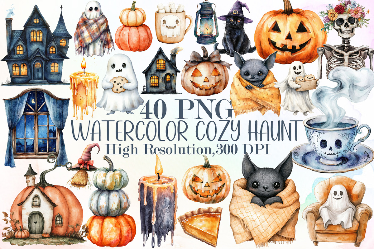 Watercolor Cozy Haunt Clipart Bundle, an Illustration by Sublimation Artist (Photo 1 of 6)