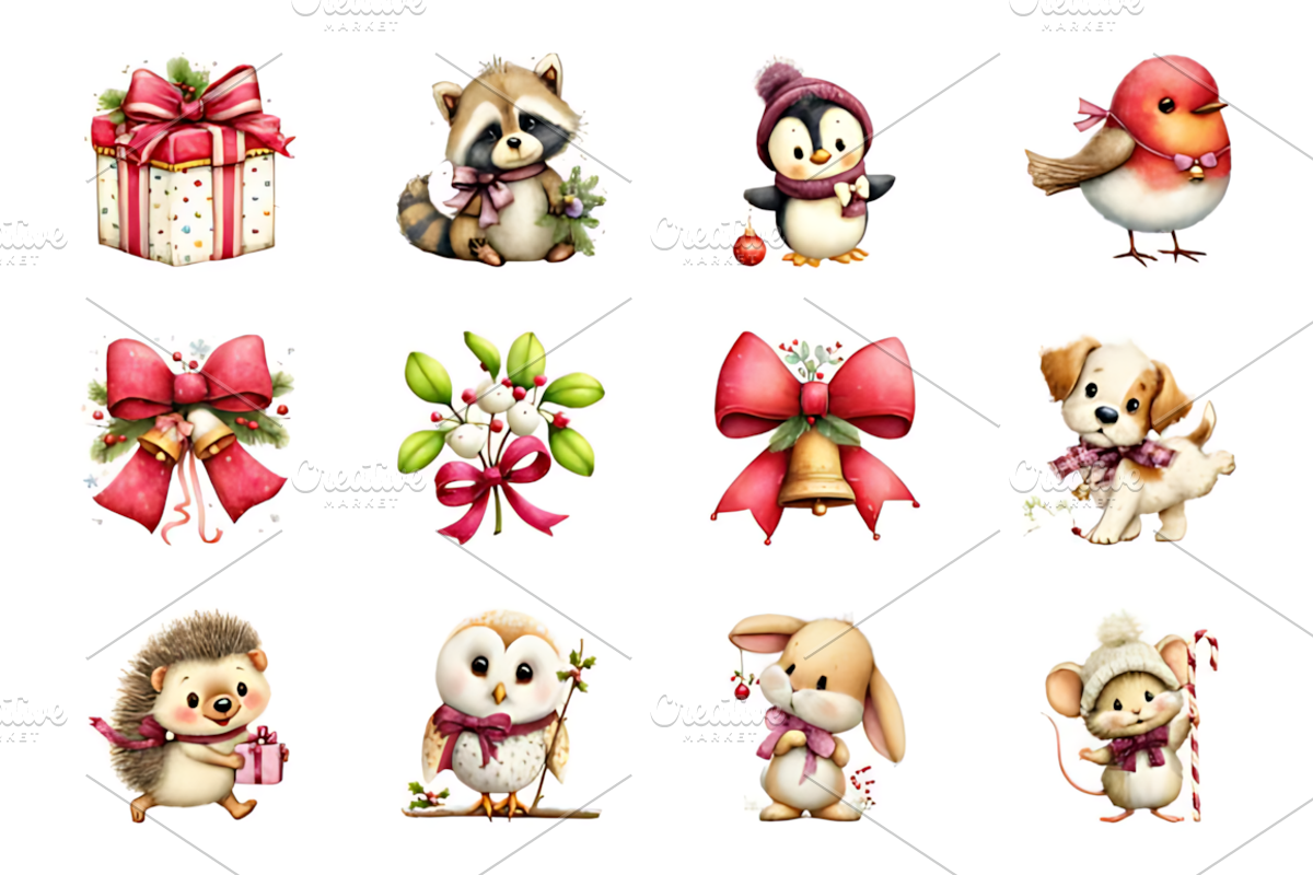 Romantic Bow Christmas Animals Art, a Seasonal Illustration by Coco Bloom (Photo 3 of 4)