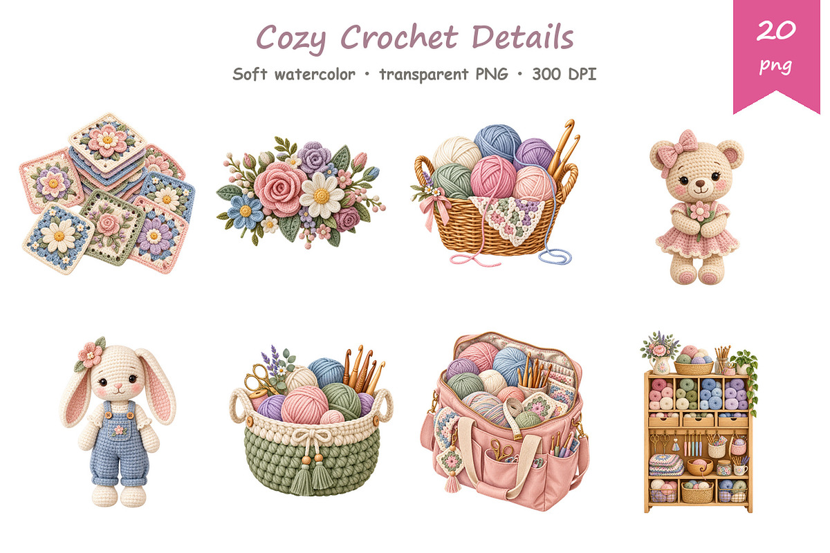 Watercolor Crochet Clipart, a Decorative Illustration by BerryPieArt (Photo 3 of 4)
