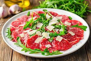 Beef carpaccio topped with fresh arugula and shaved cheese on a rustic wooden t, a Food & Drink Photo by AlyaAnd