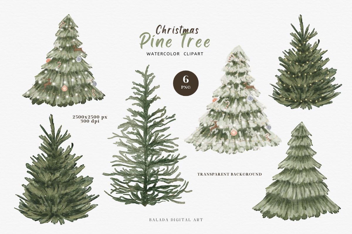 Watercolor Christmas Pine Tree Clipa, an Illustration by Balada Digital Art (Photo 2 of 6)