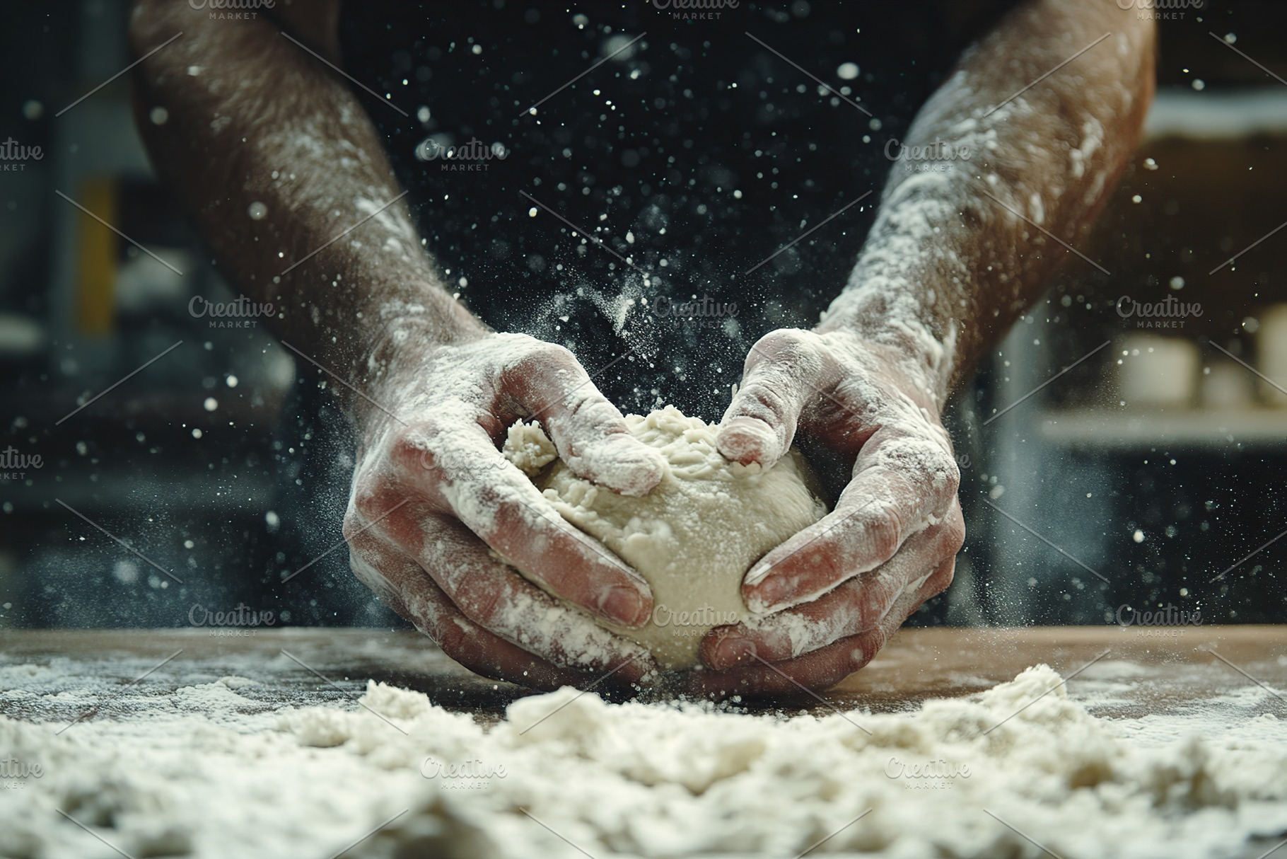 Hands skillfully kneading dough in white flour on a rustic wooden surface, a Food & Drink Photo by AlyaAnd