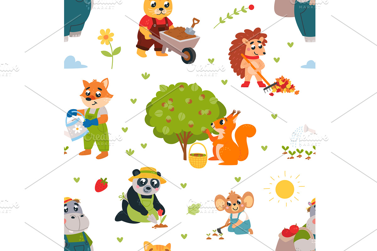 Planting seamless pattern. Funny, an Animal Illustration by LadadikArt