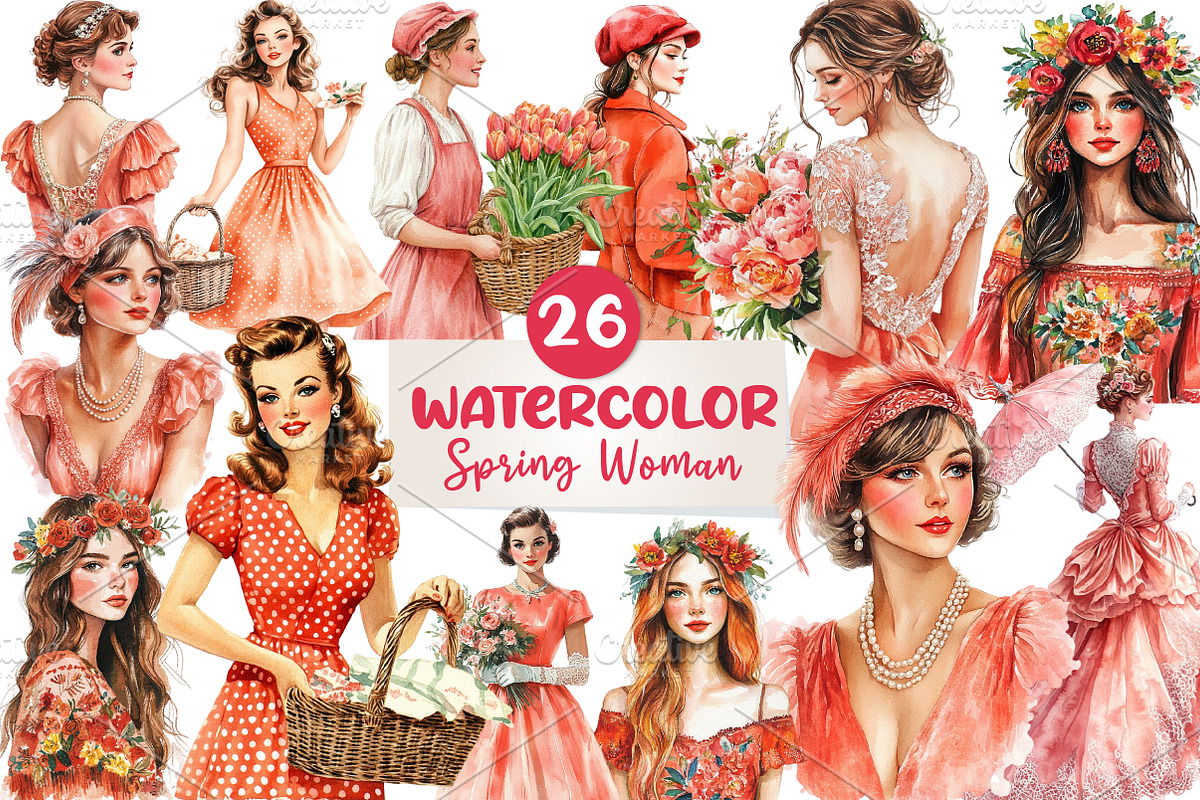 Coral Spring Vintage Woman Clipart, an Illustration by CreationArt (Photo 1 of 5)