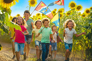 Group of children running through a sunflower field, a Person Photo by DanFLCreativo