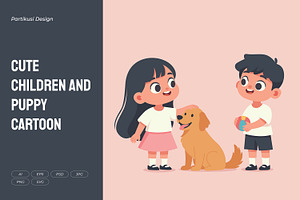 Cute Children and Puppy Cartoon, a Person Illustration by Partikusi Design