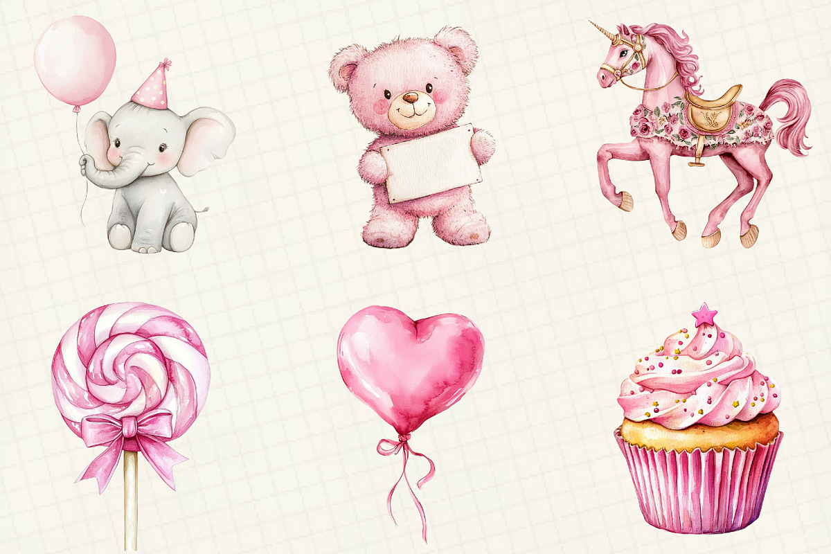 Watercolor Pink Kids Birthday Clipar, an Illustration by OK Design (Photo 2 of 5)