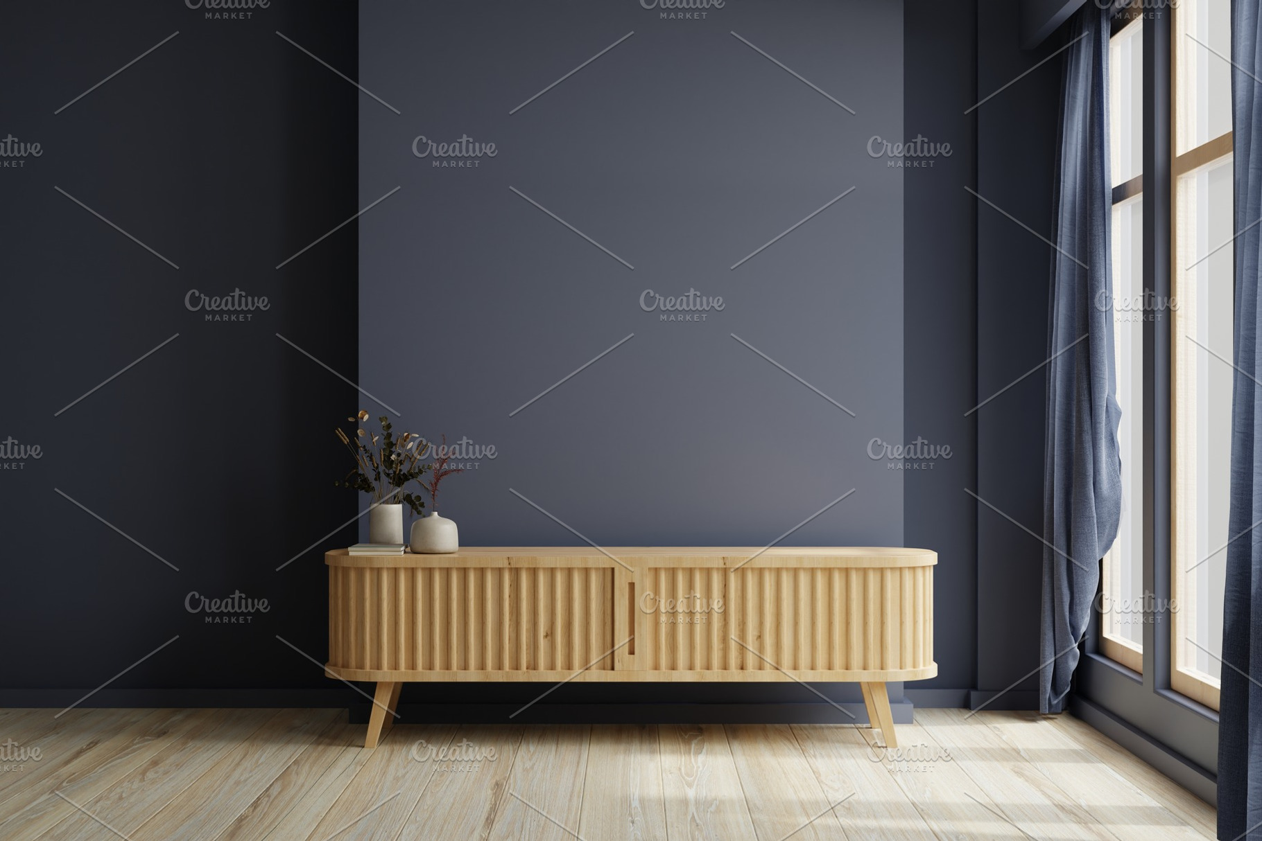 Modern living room decor with a tv cabinet and dark blue wall background., an Architecture Photo by vanitjan