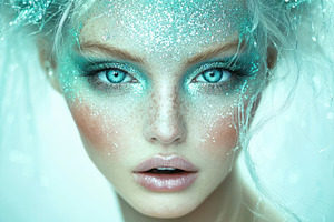 A young woman with pastel makeup and feathery embellishments poses in a dreamy,, a Person Photo by Mashimara