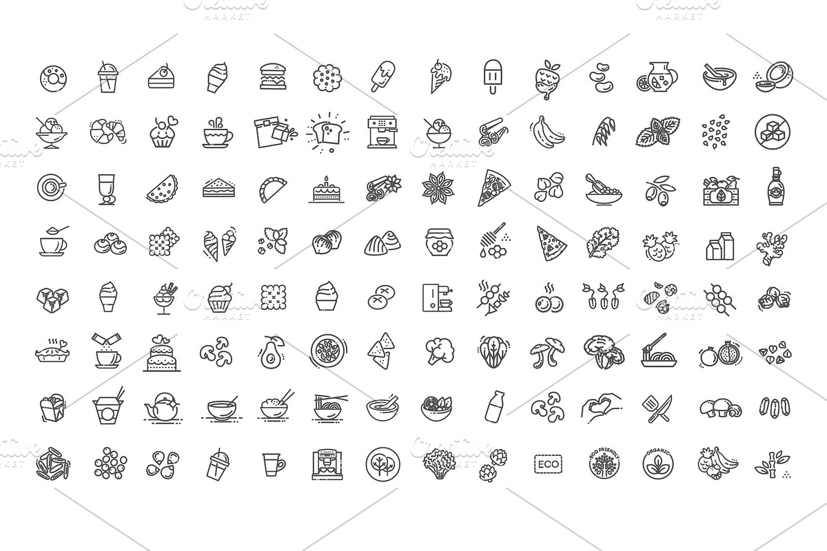 Food Vector Icons. Vegan Icons, an Outline Icon by Tettygreen (Photo 1 of 3)
