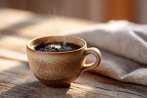 Warm coffee cup resting on a rustic wooden table in soft morning light, a Food & Drink Photo by AlyaAnd