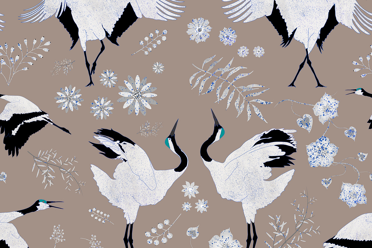 Dancing Cranes Earthy, a Pattern Graphic by Cesar Torres