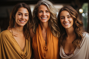 Portrait of three smiling women looking at camera. Cheerful thre, a Person Photo by AS photostudio
