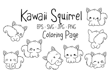 Kawaii Squirrel Set Coloring Page