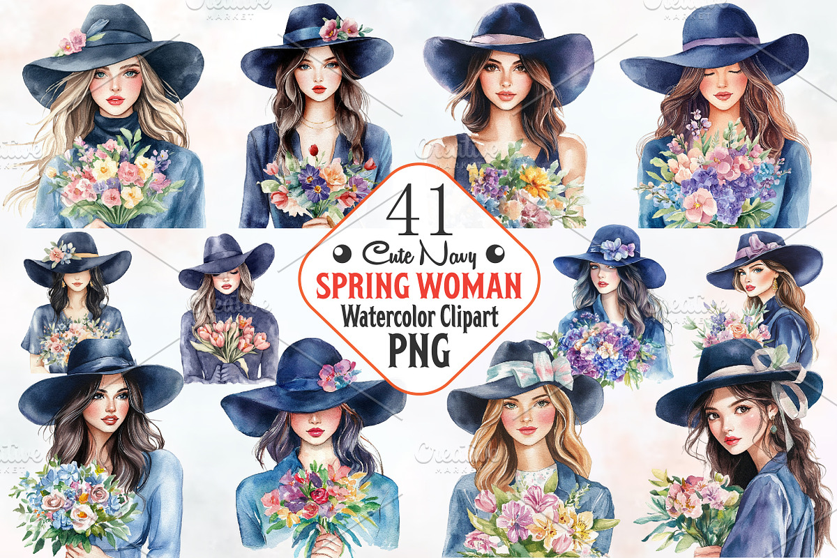 Navy Spring Woman Watercolor Clipart, an Illustration by RobertsArt (Photo 1 of 4)
