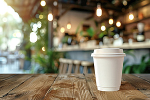 Coffee in blank craft cup on wooden table in blurred cafe background. Take away, a Food & Drink Photo by AlyaAnd
